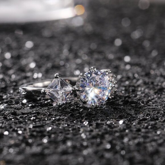 ▶CZ Square Leaf 925 Silver Plated Wedding/Engagement Ring for Women, K940 - Picture 8 of 10